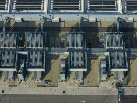Aerial view of the Google data center showing industrial cooling units and ventilation systems Winschoten Groningen Netherlands.