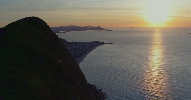 Aerial view of Rio de Janeiro coastline at sunset Brazil.