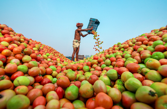 Bogura Bangladesh 27 December 2021 View of a worker pouring fresh tomatoes from a plastic crate onto a massive pile of red and green produce under a clear blue sky. Bogura Bangladesh 27 December 2021 View of a worker pouring fresh tomatoes from a plastic crate onto a massive pile of red and green produce under a clear blue sky.