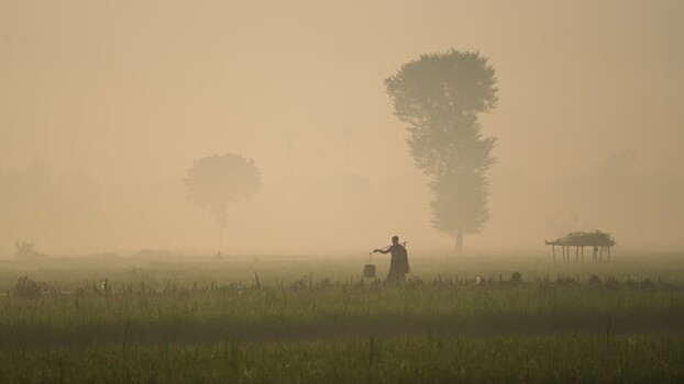 View of a farmer carrying buckets across a misty field Bangladesh. View of a farmer carrying buckets across a misty field Bangladesh.