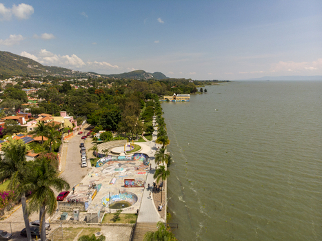 Aerial view of the skatepark and waterfront promenade along Lake Chapala in Ajijic Jalisco Mexico. Aerial view of the skatepark and waterfront promenade along Lake Chapala in Ajijic Jalisco Mexico.