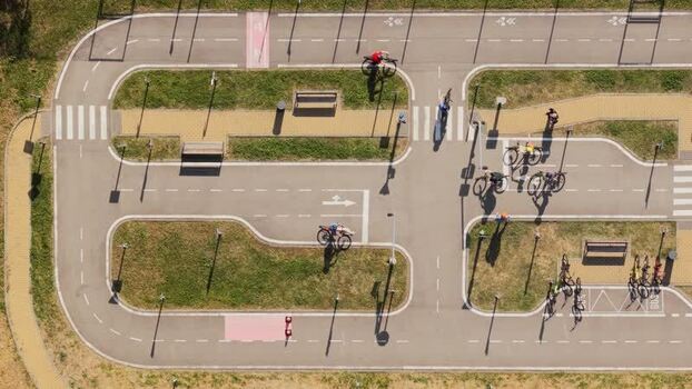 Aerial view of a traffic playground with cyclists Czechia.
