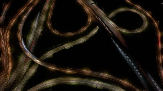 Aerial view of highway interchange at night Portugal.