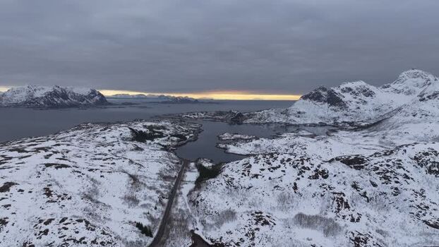 Aerial view of Lofoten mountains and coastline in Norway.