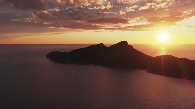 Aerial view of Sa Dragonera island at sunset Spain.