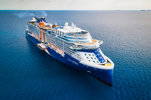 The Bahamas 09 May 2020 Aerial view of the Celebrity Edge cruise ship sailing through the deep blue waters of the Caribbean Sea.