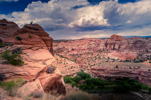 View of Bryce Canyon National Park featuring dramatic red rock formations lush green vegetation in the canyon floor and a cloudy sky in Utah United States.