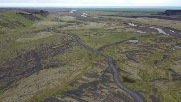 Aerial view of Solheimajokull glacier landscape in Iceland.