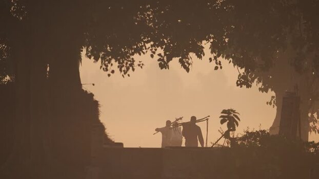View of workers carrying loads under a large tree at dawn Bangladesh. View of workers carrying loads under a large tree at dawn Bangladesh.