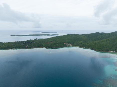Aerial view of the island s lush green canopy meeting the turquoise sea a tropical haven under a soft cloudy sky Karimunjawa Central Java Indonesia.