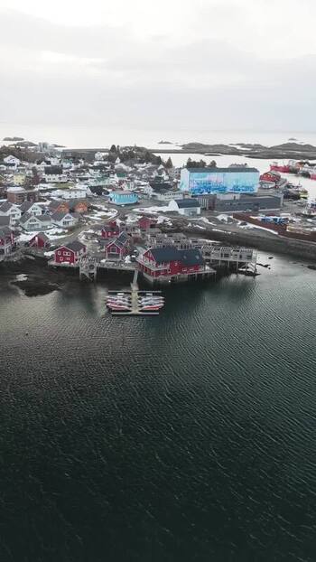 Aerial view of Ballstad buildings Norway.