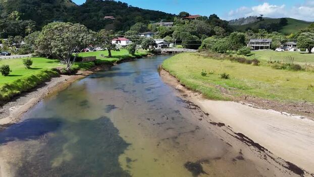Aerial view of river estuary in Kuaotunu New Zealand.