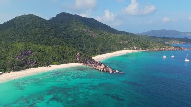 Aerial view of Anse Reunion beach Seychelles.
