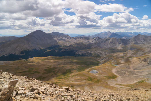 View of Mount Harvard from Mt Missouri rugged Collegiate Peaks Wilderness Elkhead Pass landscape alpine tundra rocky slopes and glacial lakes in Buena Vista Colorado USA