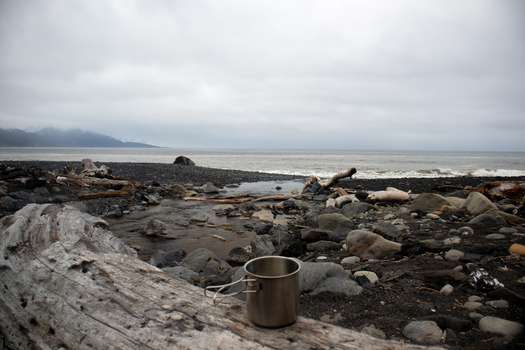 View of a metal camping mug on a driftwood log along the black sand beach of the Lost Coast with mountains under a cloudy sky Humboldt County California United States.
