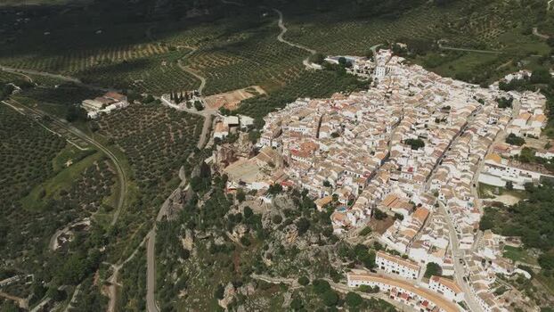 Aerial view of Zuheros village and olive groves Spain.