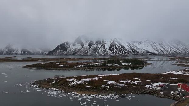 Aerial view of Lofoten mountains in Vagan Municipality Norway.
