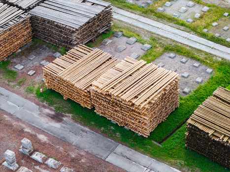 Aerial view of large stacks of timber logs stored in an industrial lumber yard with concrete foundations and patches of green grass in Brankas Jelgava Municipality Latvia. Aerial view of large stacks of timber logs stored in an industrial lumber yard with concrete foundations and patches of green grass in Brankas Jelgava Municipality Latvia.