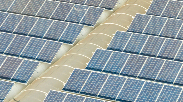 Aerial view of solar panels installed on the roof of the Mercado Livre headquarters in Osasco State of Sao Paulo Brazil.