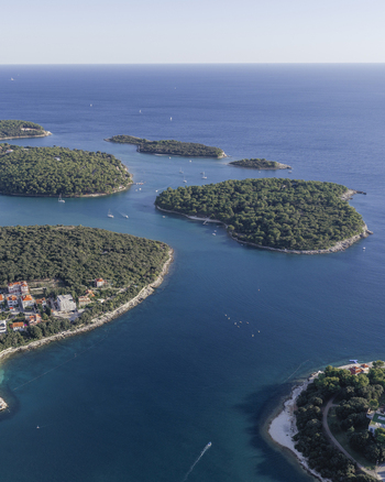 Aerial view of the lush green islands and coastal inlets of Pjescana Uvala featuring dense pine forests turquoise waters and small boats in Pula Istarska zupanija Croatia.