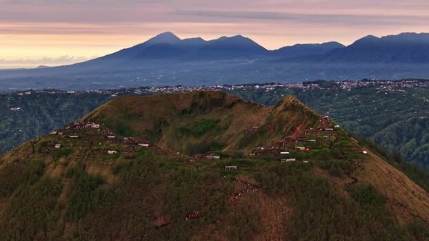 Aerial view of Mount Batur volcanic crater in Bali Indonesia.