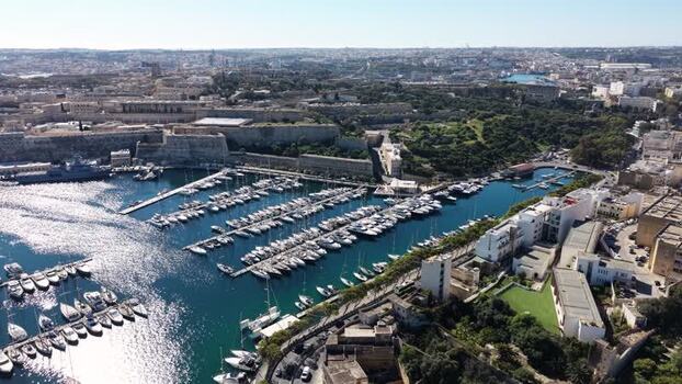 Aerial view of yachts in the marina and historic bastions Malta.