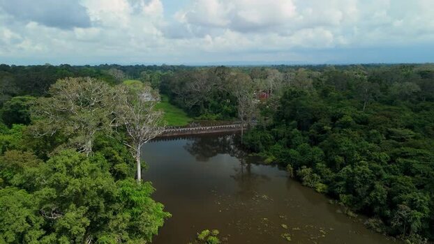 Aerial view of ancient moat and bridge in Krong Siem Reap Cambodia. Aerial view of ancient moat and bridge in Krong Siem Reap Cambodia.