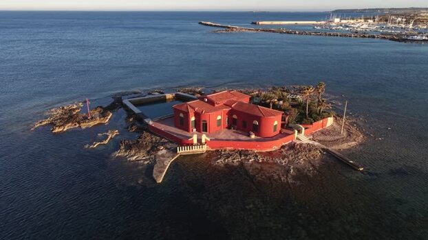 Aerial view of Isolotto Brancati and the red villa Italy. Aerial view of Isolotto Brancati and the red villa Italy.