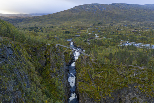 Aerial view of Voringfossen waterfall plunging into a deep rocky canyon with a modern pedestrian bridge and lush green hills Eidfjord Municipality Vestland Norway.