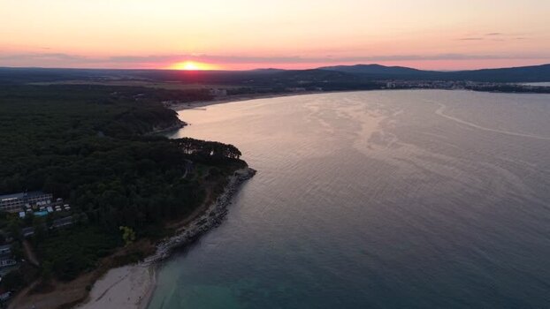 Aerial view of Kiten coastline at sunset Bulgaria.