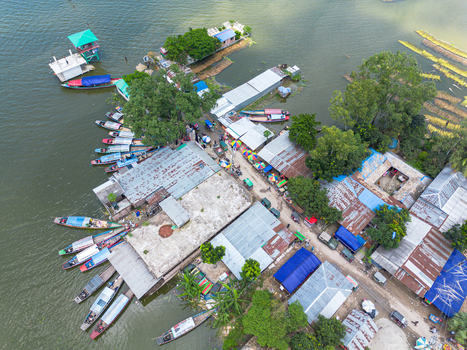 Aerial view of Patul with numerous small boats docked along the riverbank surrounded by buildings with metal roofs and lush green trees in Natore District Rajshahi Division Bangladesh.