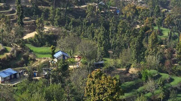 View of rural houses and terraced fields on a hillside Nepal.