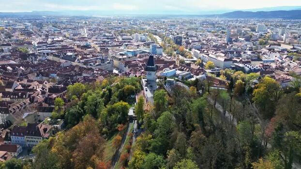 Aerial view of the Uhrturm clock tower in Graz Austria. Aerial view of the Uhrturm clock tower in Graz Austria.