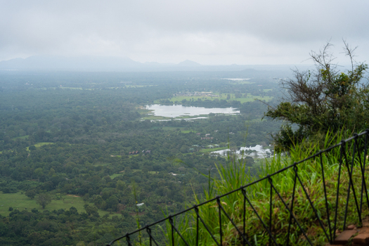 View of the lush green jungle landscape and a calm lake seen from a high vantage point with misty mountains under an overcast sky Sigiriya Central Province Sri Lanka. View of the lush green jungle landscape and a calm lake seen from a high vantage point with misty mountains under an overcast sky Sigiriya Central Province Sri Lanka.