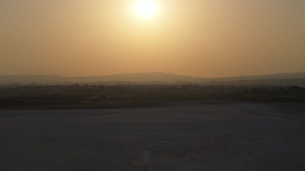 Aerial view of Larnaca Salt Lake at sunset in Larnaca Cyprus.