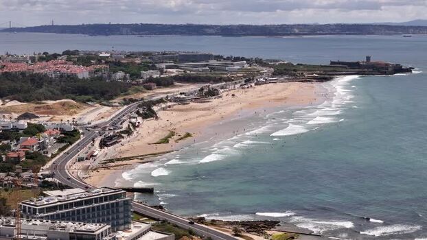 Aerial view of Carcavelos beach and the coastline Portugal.