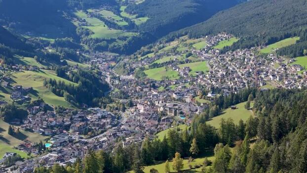 Aerial view of Urtijei town in the Val Gardena valley Italy.