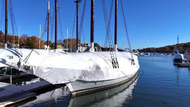 Aerial view of schooners in Camden Harbor United States.