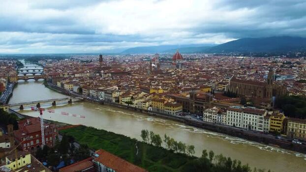 Aerial view of Arno river in Florence Italy.