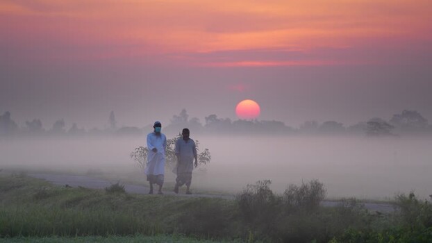 View of two men walking through misty fields at sunrise Bangladesh. View of two men walking through misty fields at sunrise Bangladesh.