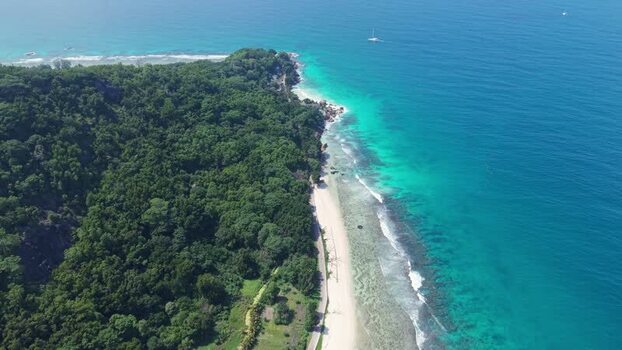 Aerial view of Anse Reunion beach in Seychelles.