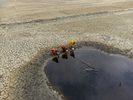 Gabura Union Bangladesh 25 April 2025 Aerial view of three women in colorful saris collecting water from a small pond in a parched cracked earth landscape. Gabura Union Bangladesh 25 April 2025 Aerial view of three women in colorful saris collecting water from a small pond in a parched cracked earth landscape.