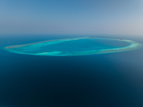 Aerial view of the turquoise waters encircling a pristine sandy island contrasting against the deep blue of the surrounding ocean Vashafaru Island Maldives.