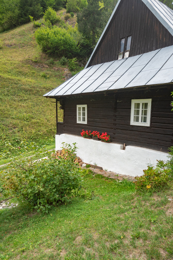 View of a quaint wooden house with a white foundation contrasted by vibrant red flowers under the windows nestled amidst lush greenery Velka Fatra Slovakia. View of a quaint wooden house with a white foundation contrasted by vibrant red flowers under the windows nestled amidst lush greenery Velka Fatra Slovakia.