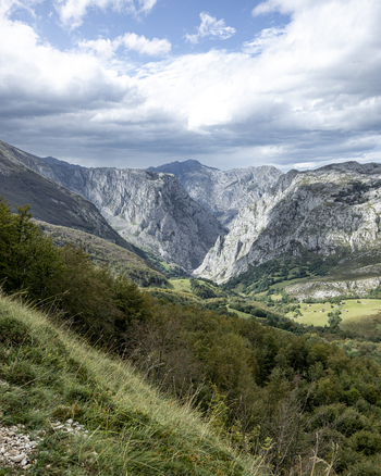 View of a landscape of rugged grey mountains standing tall over green fields in Picos de Europa National Park Picos de Europa Asturias Spain. View of a landscape of rugged grey mountains standing tall over green fields in Picos de Europa National Park Picos de Europa Asturias Spain.
