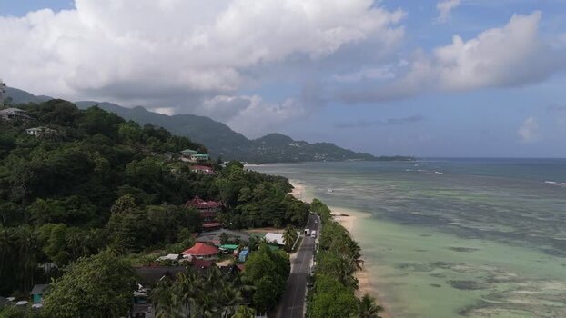 Aerial view of Mahe coastline Seychelles.