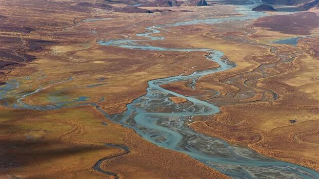 Aerial view of Denali Highway river landscape United States.