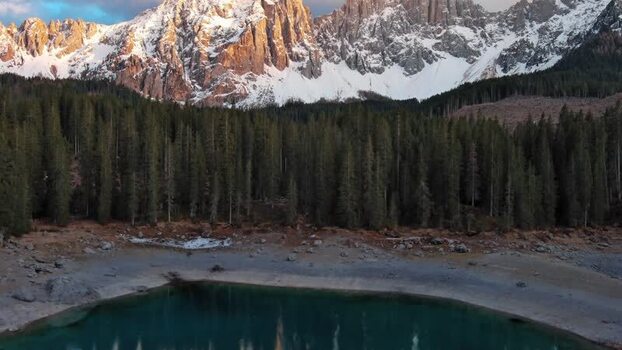 Aerial view of Dolomite Mountains in Canazei Italy.