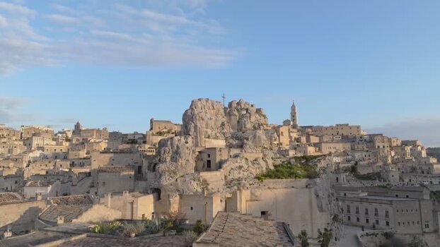 Aerial view of Sassi di Matera historic stone dwellings Italy.