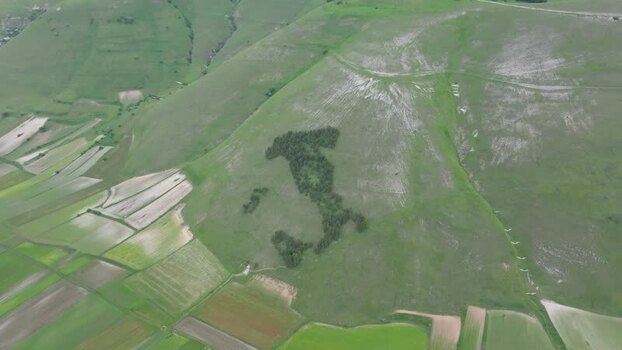 Aerial view of Italy shaped forest in Castelluccio Italy.